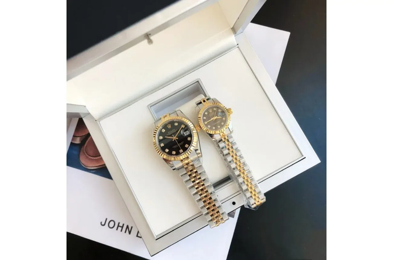 Couple Watches Rolex Datejust 36/28mm RG/SS Jub Black/Dia