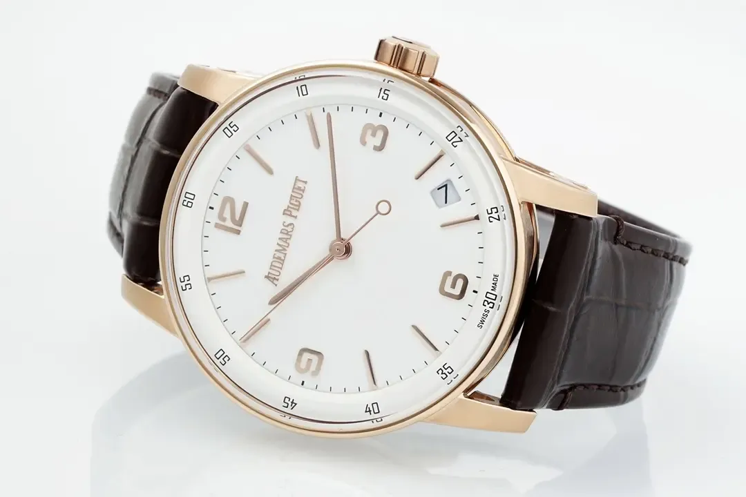 watch Audemars Piguet CODE 11.59 Blue Dial Three-Hand Automatic Watch   41mm Rose Gold Case with Brown Leather Strap