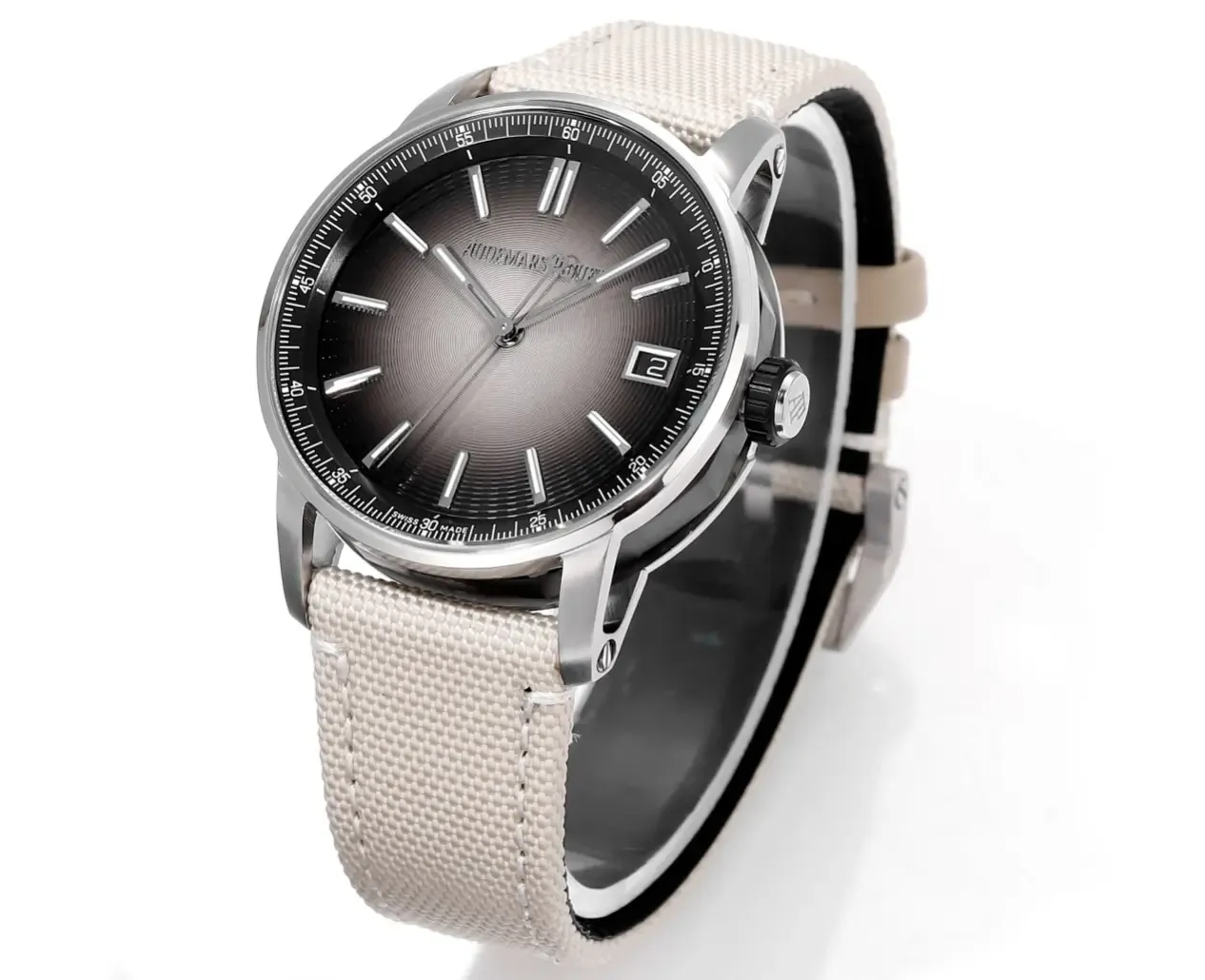 watch Audemars Piguet CODE 11.59 Stainless Steel Watch with Smoked Dial and Beige Fabric Strap, 41mm