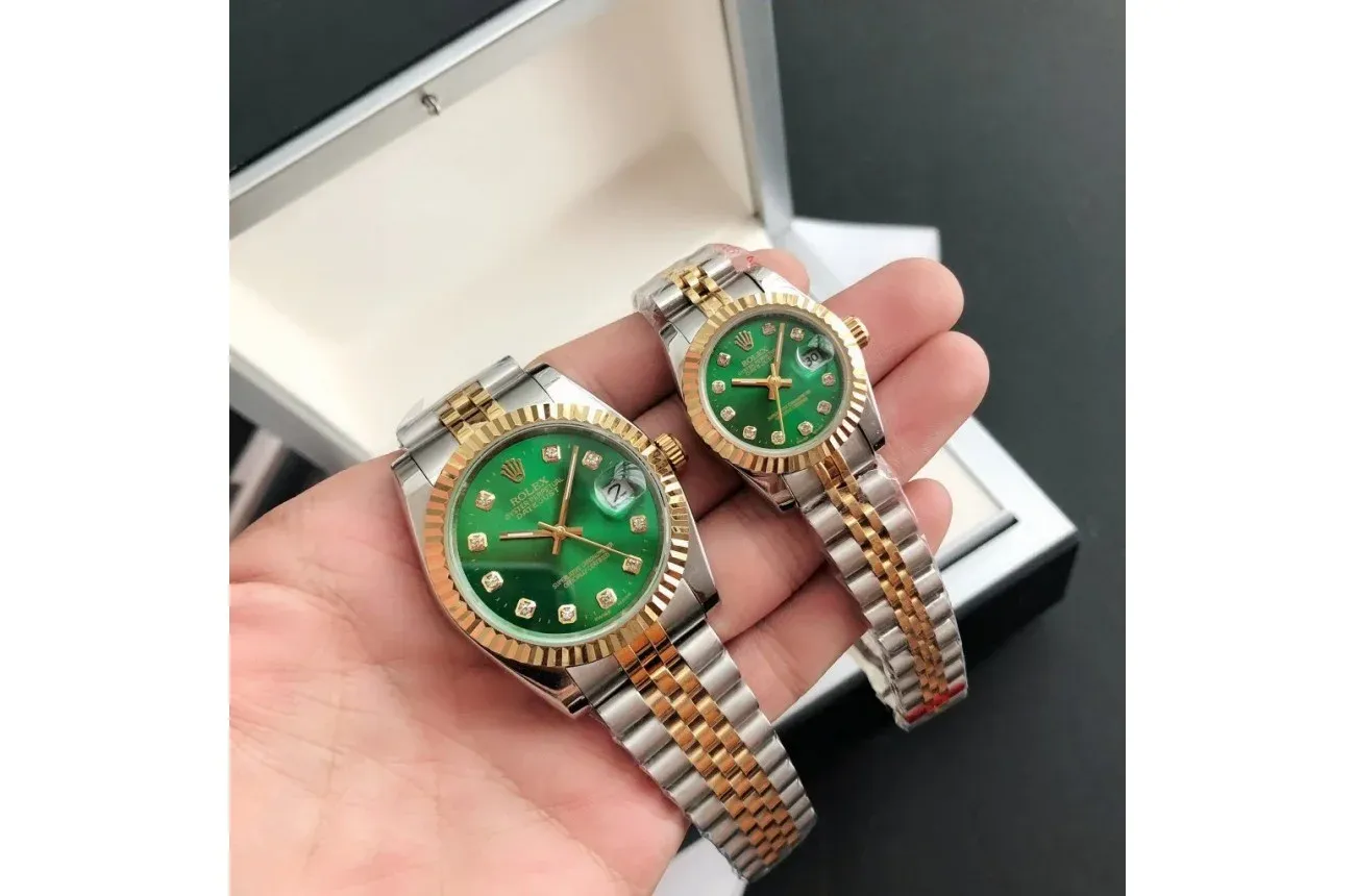 Couple Watches Rolex Datejust 36/28mm RG/SS Jub Green/Dial